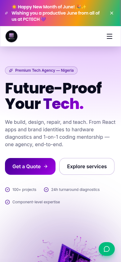 PCTECH homepage on iPhone 17